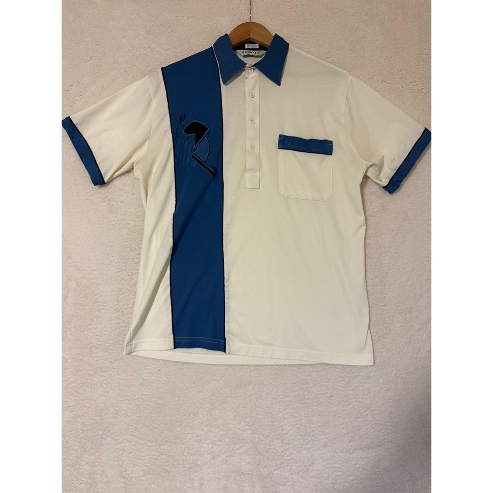 VTG Gabicci Polo Shirt Mens Large Cream Blue Colorblock Contrast Pocket Retro